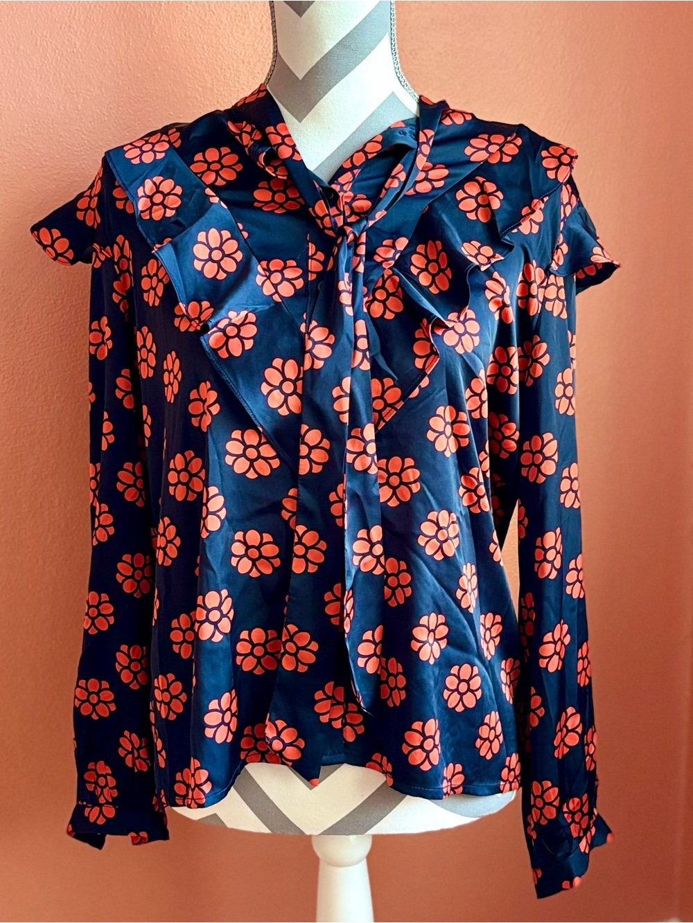 Anonyme Floral Tie-Neck Navy Blue Blouse with Coral Print